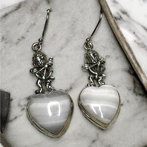 Pink Lace Agate & Cupid Sterling Silver Drop Earrings